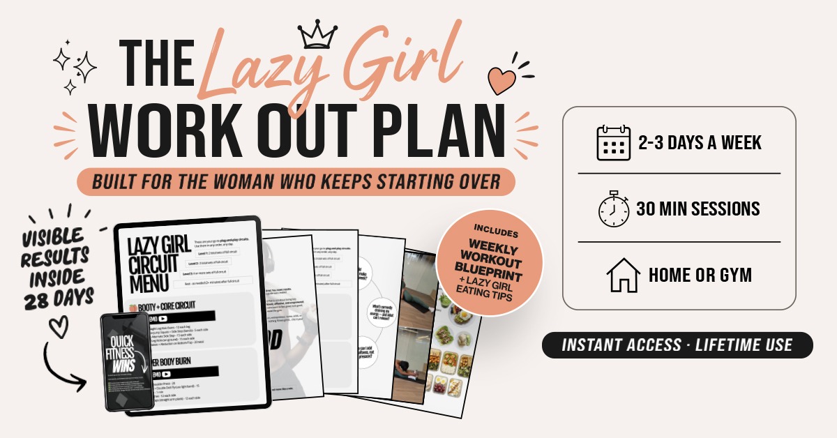 The Lazy Girl Workout Plan — complete digital bundle for women including circuit menu, workout PDFs, journal prompts, and eating guides